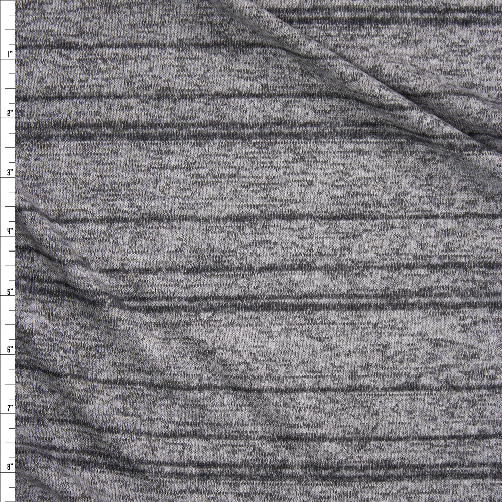 Charcoal Stripe on Heather Grey Soft Stretch Brushed Sweater Knit Fabric By The Yard