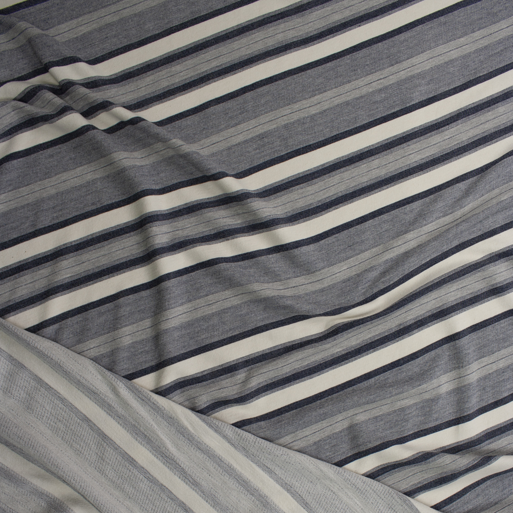 Denim Blue and Ivory Diagonal Stripe Designer French Terry Fabric By The Yard - Wide shot
