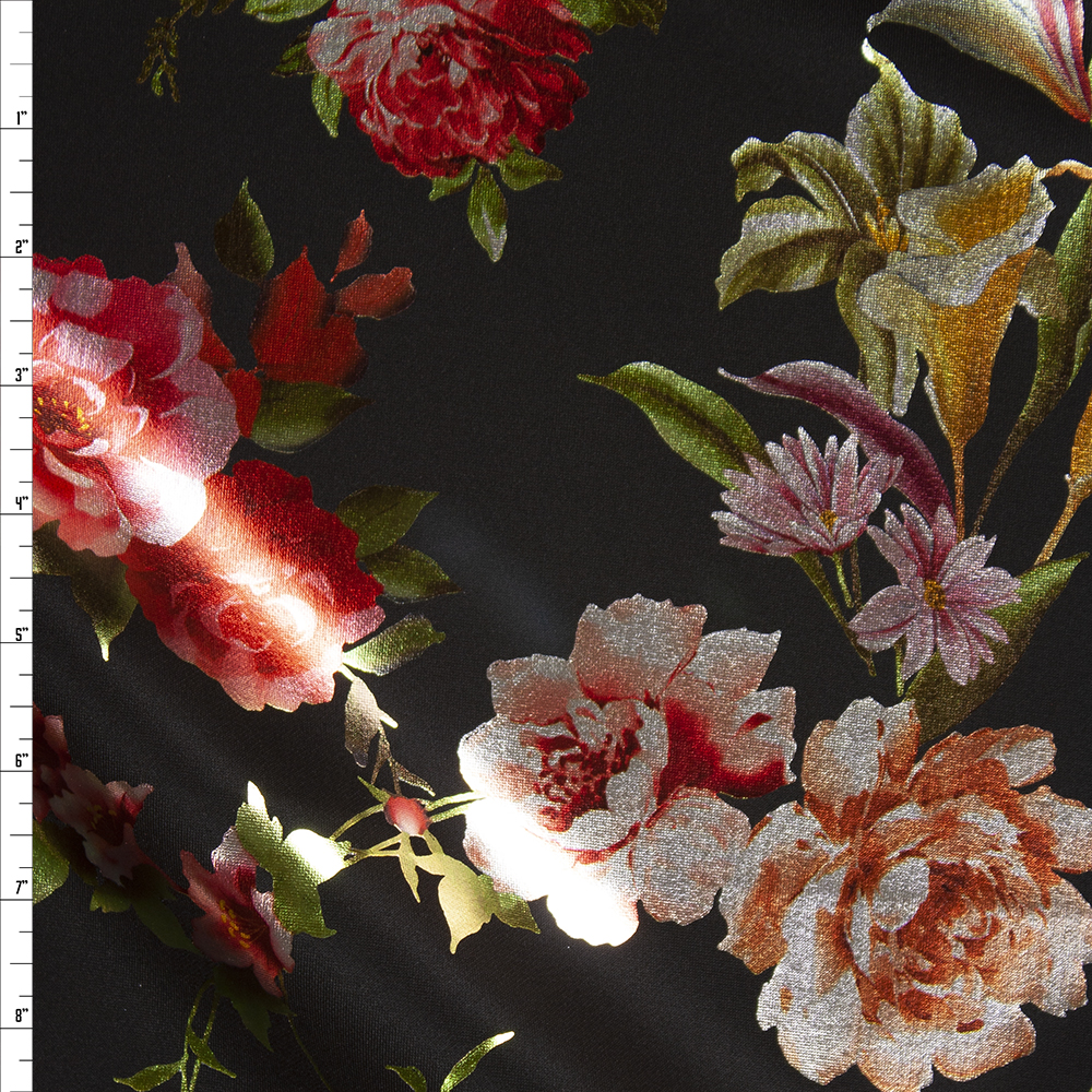 Metallic Red and Green Roses on Black Scuba Knit Fabric By The Yard