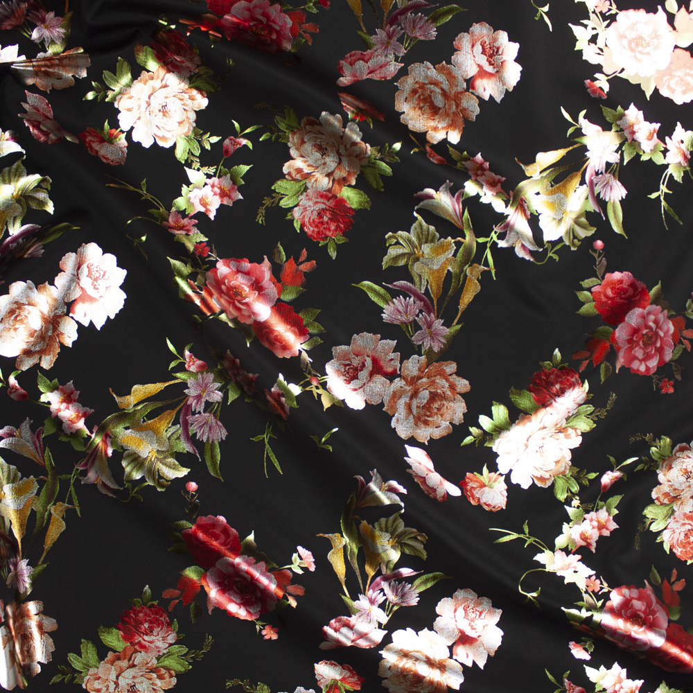 Metallic Red and Green Roses on Black Scuba Knit Fabric By The Yard - Wide shot