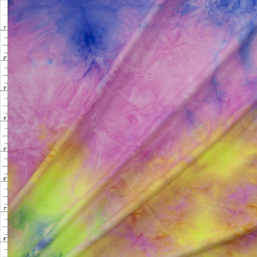 Pink, Blue, and Neon Yellow Tie Dye Double Bushed Poly/Spandex Fabric By The Yard