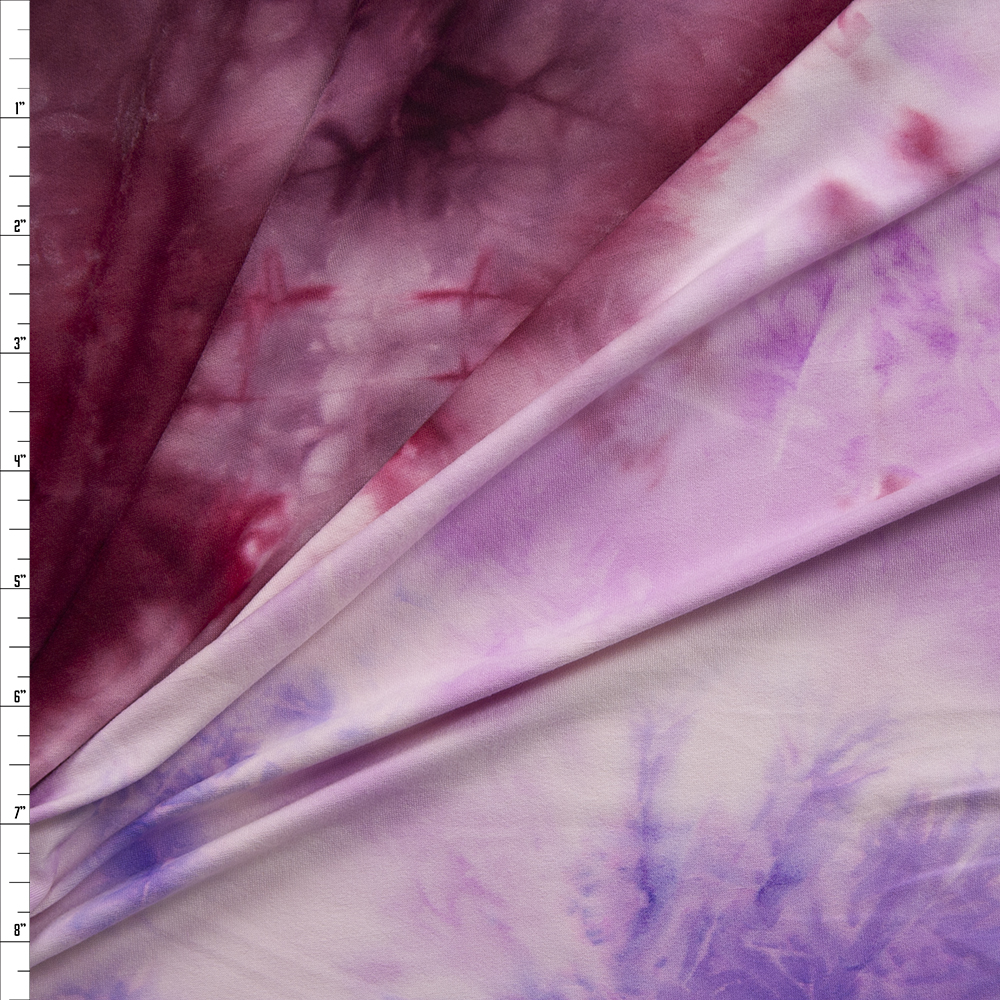 Purple, White, and Wine Tie Dye Double Bushed Poly/Spandex Fabric By The Yard