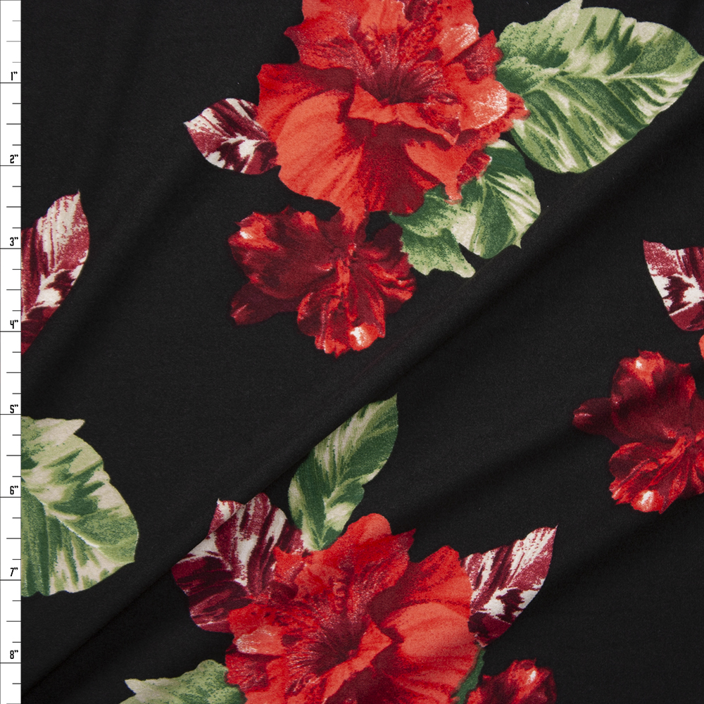 Red Hibiscus Floral on Black Double Bushed Poly/Spandex Fabric By The Yard