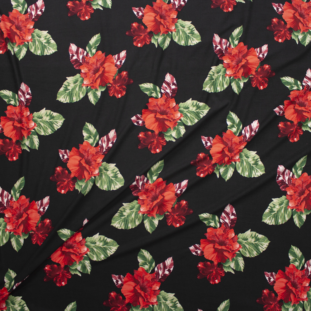 Red Hibiscus Floral on Black Double Bushed Poly/Spandex Fabric By The Yard - Wide shot