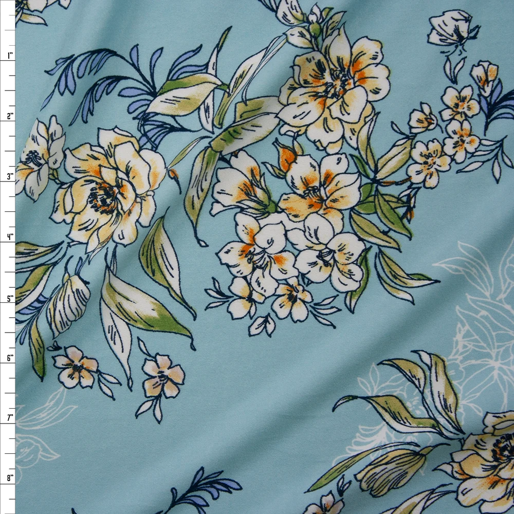 Scrolling Yellow and Green Floral on Aqua Double Bushed Poly/Spandex Fabric By The Yard