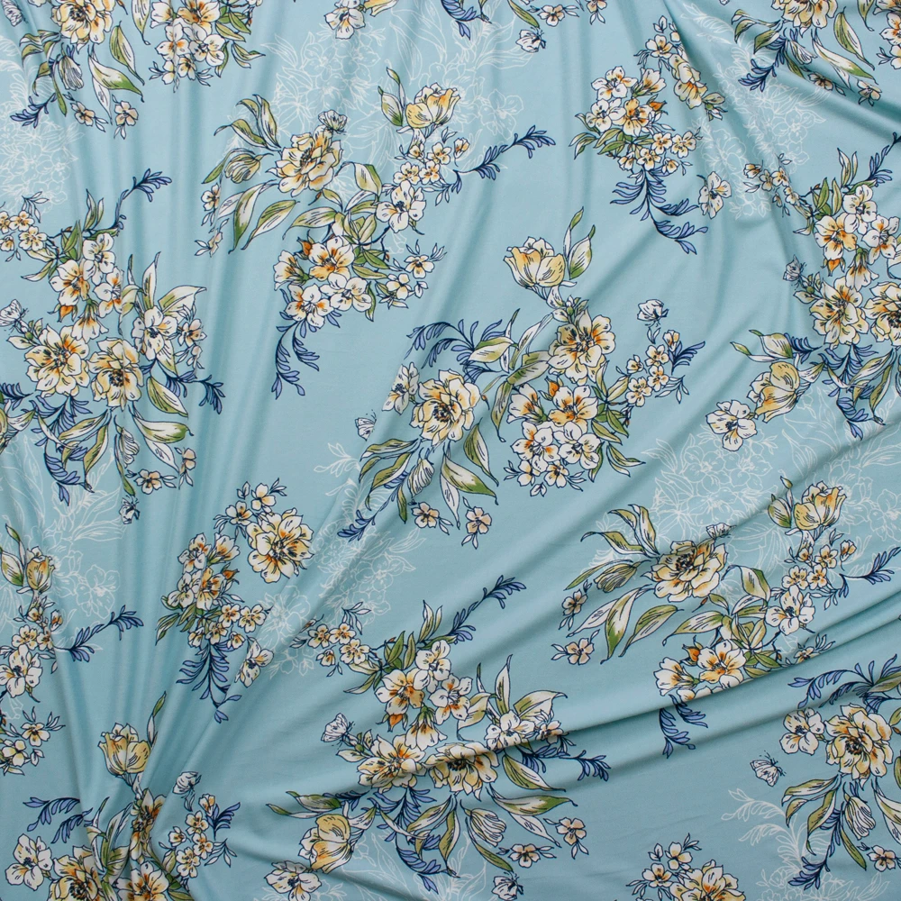 Scrolling Yellow and Green Floral on Aqua Double Bushed Poly/Spandex Fabric By The Yard - Wide shot