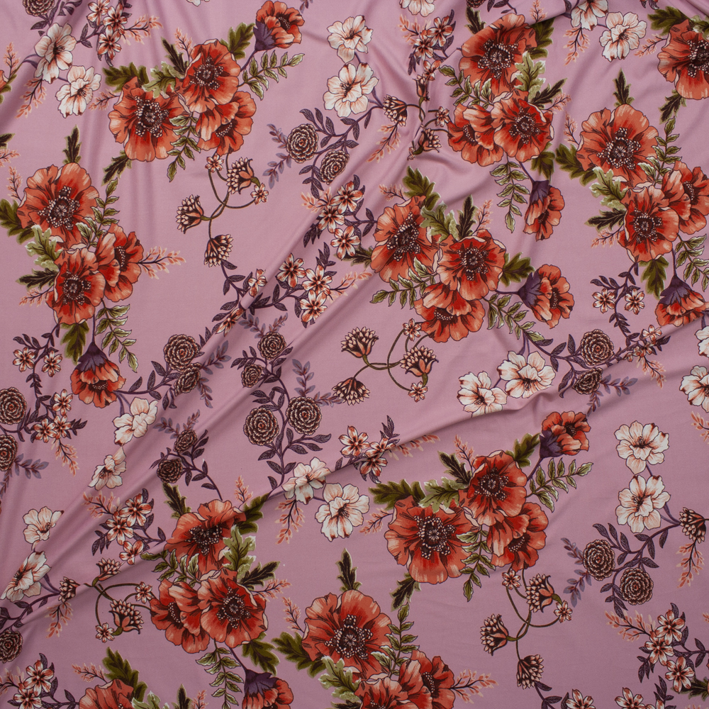 Scrolling Orange, Plum, and Green Floral on Pink Double Bushed Poly/Spandex Fabric By The Yard - Wide shot