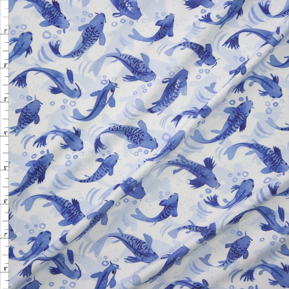 Blue Koi on White Designer Double Brushed Poly from Marketa Stengl Fabric By The Yard