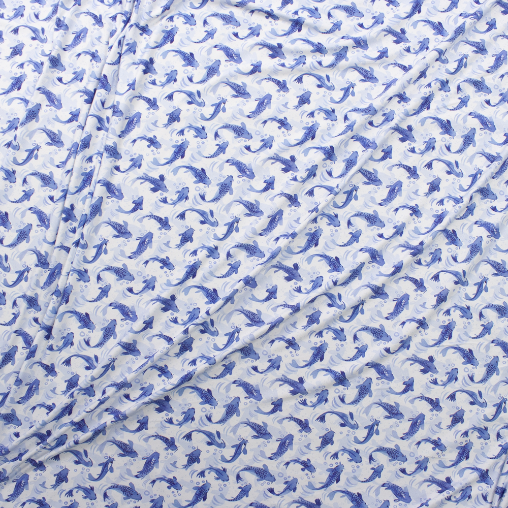 Blue Koi on White Designer Double Brushed Poly from Marketa Stengl Fabric By The Yard - Wide shot