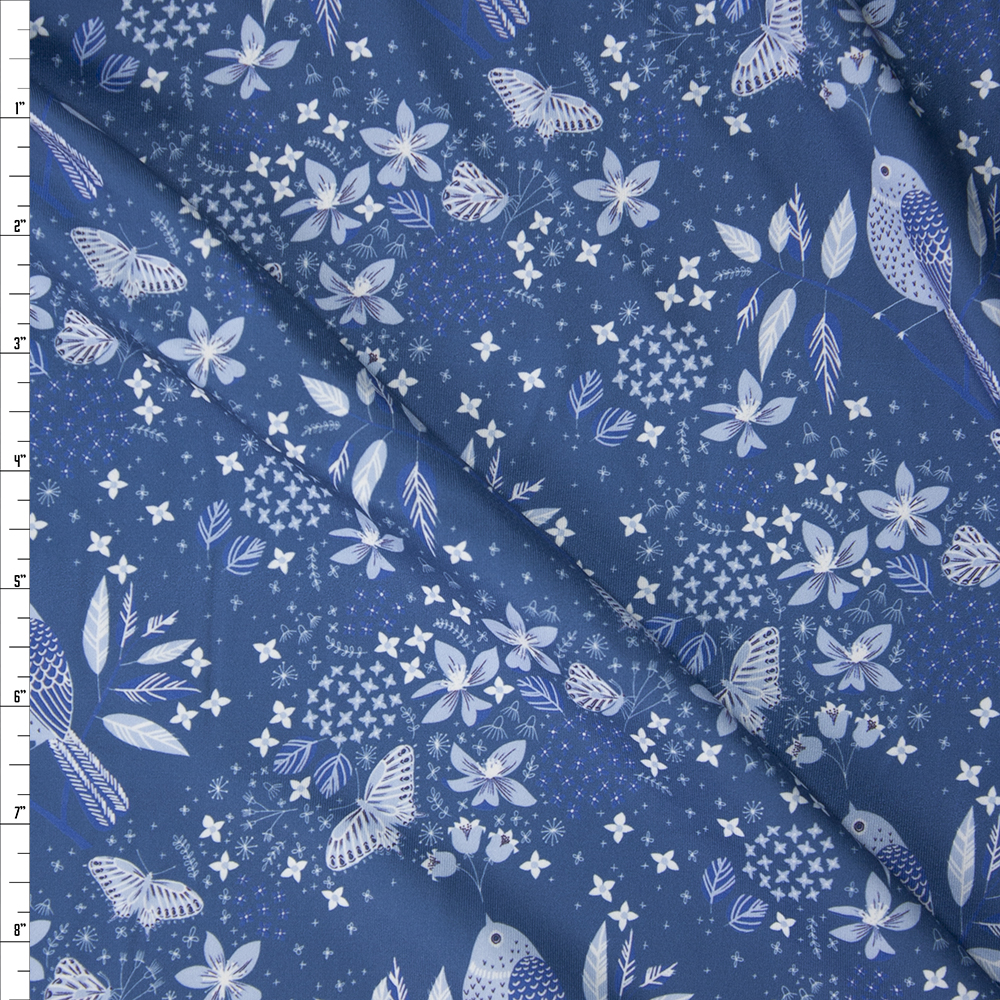Light Blue Birds and Butterflies on Slate Designer Double Brushed Poly from Marketa Stengl Fabric By The Yard