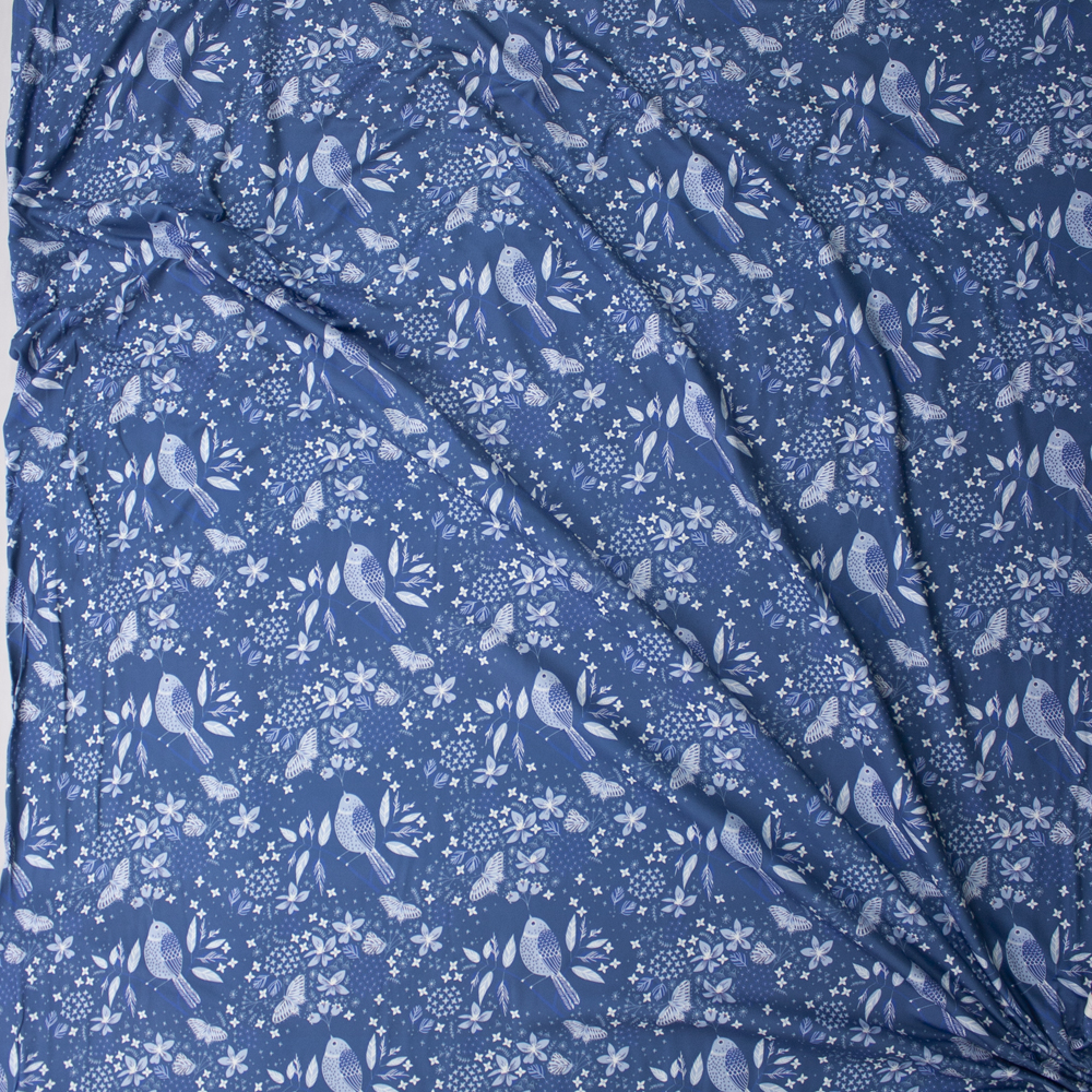 Light Blue Birds and Butterflies on Slate Designer Double Brushed Poly from Marketa Stengl Fabric By The Yard - Wide shot