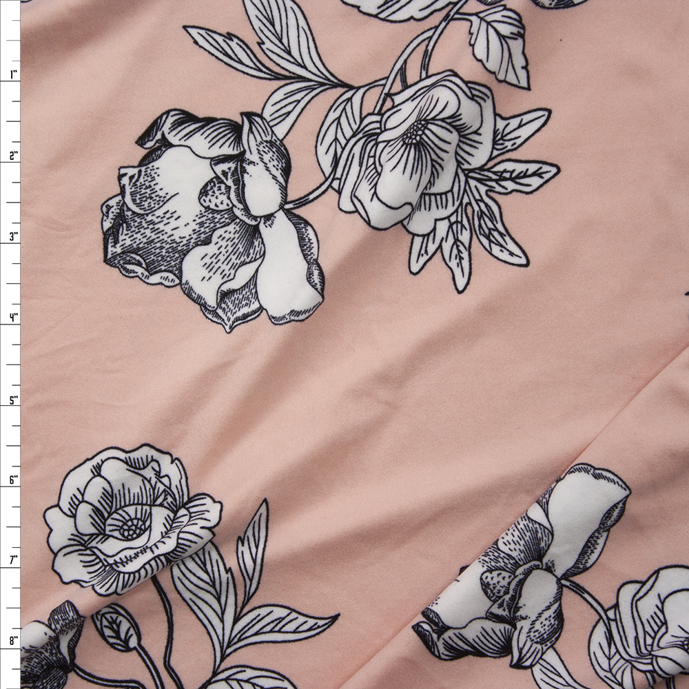 Black and White Sketch Floral on Peach Double Bushed Poly/Spandex Fabric By The Yard