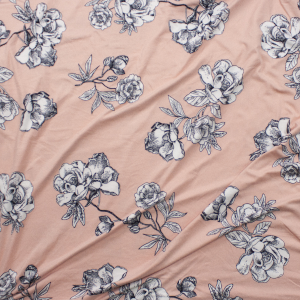 Black and White Sketch Floral on Peach Double Bushed Poly/Spandex Fabric By The Yard - Wide shot