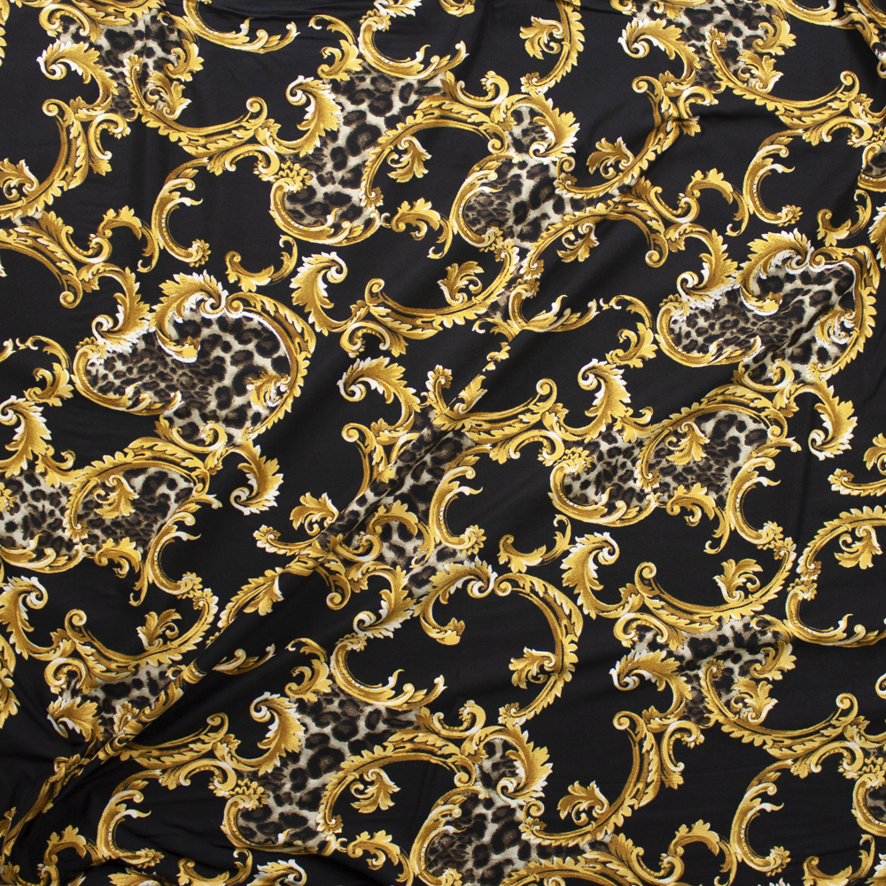 Cheetah and Gold Scrollwork on Black Double Bushed Poly/Spandex Fabric By The Yard - Wide shot