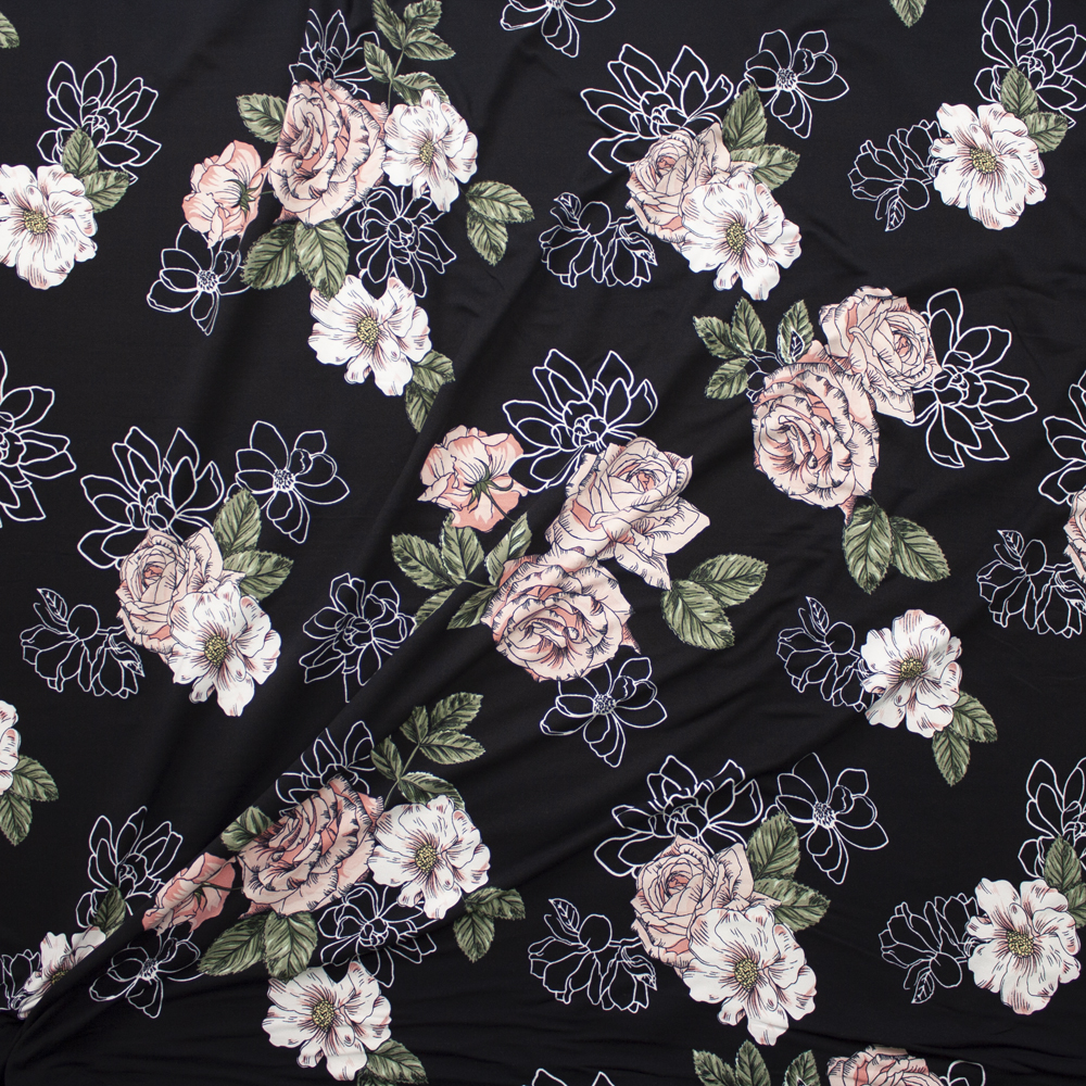 Pink and Sage Rose Floral on Black Double Bushed Poly/Spandex Fabric By The Yard - Wide shot