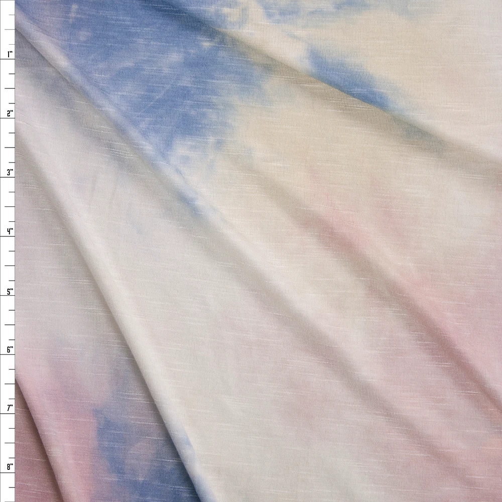 Baby Pink, Blue, and Ivory Tie Dye Rayon Stretch Jersey Knit Fabric By The Yard