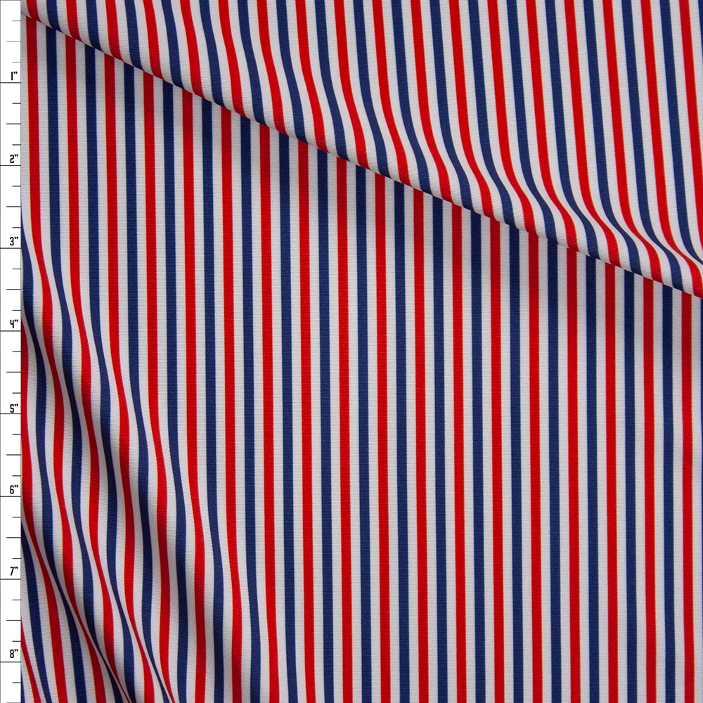 Red, White, and Blue Stripe Designer Nylon/Spandex Fabric By The Yard