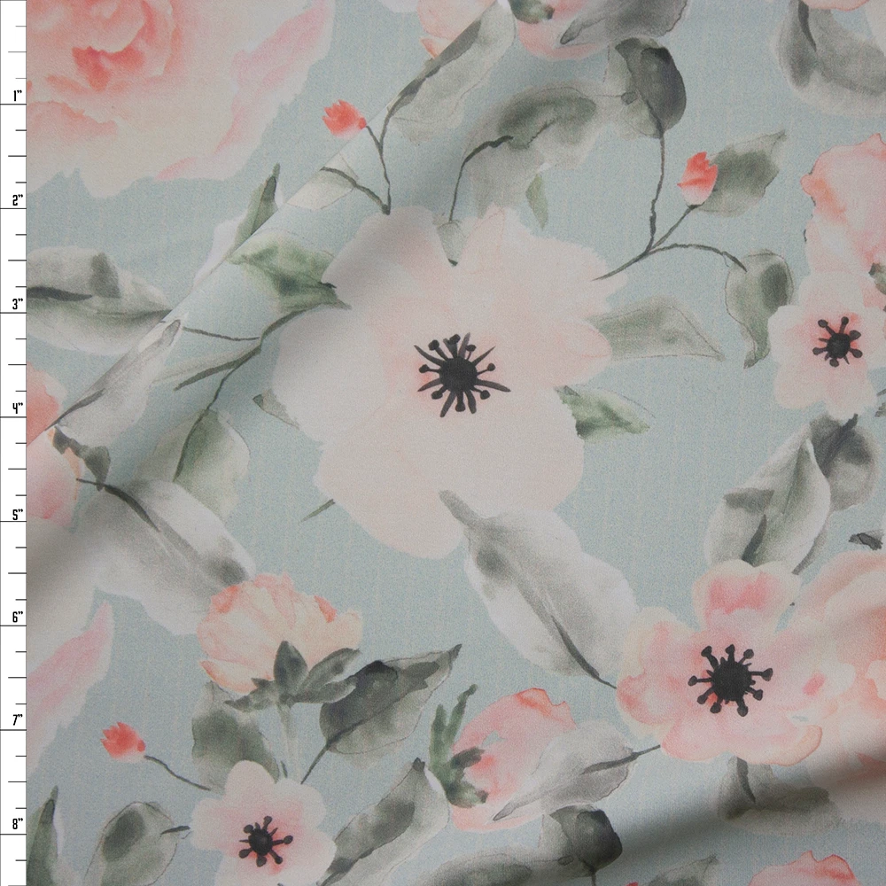 Blush and Pale Seafoam Watercolor Floral Designer Nylon/Spandex Fabric By The Yard