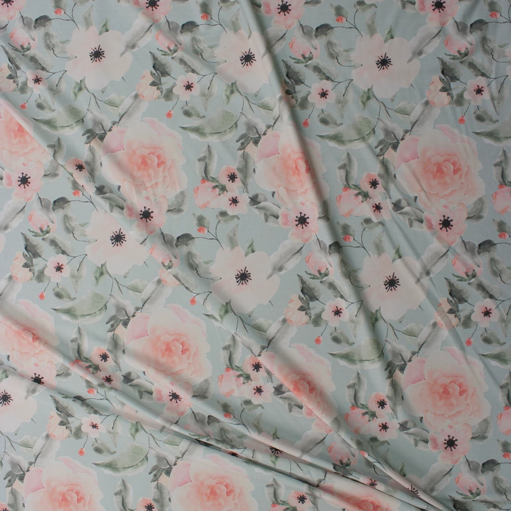 Blush and Pale Seafoam Watercolor Floral Designer Nylon/Spandex Fabric By The Yard - Wide shot