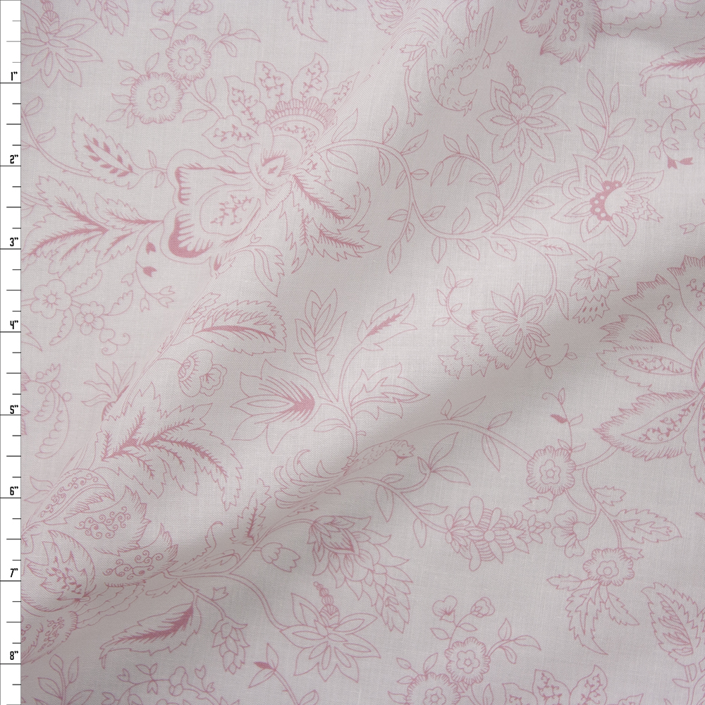 Pink on White Delicate Floral Cotton Poplin Fabric By The Yard
