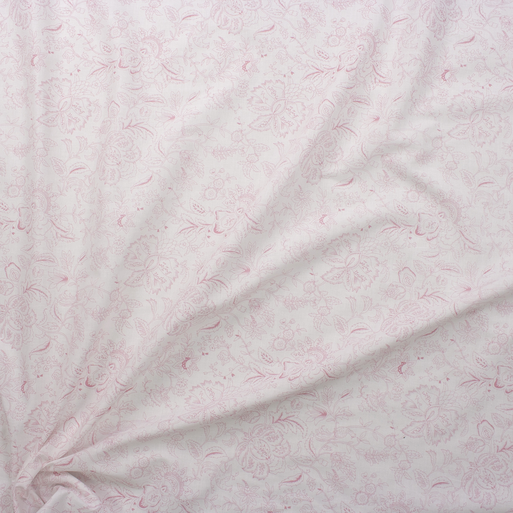 Pink on White Delicate Floral Cotton Poplin Fabric By The Yard - Wide shot