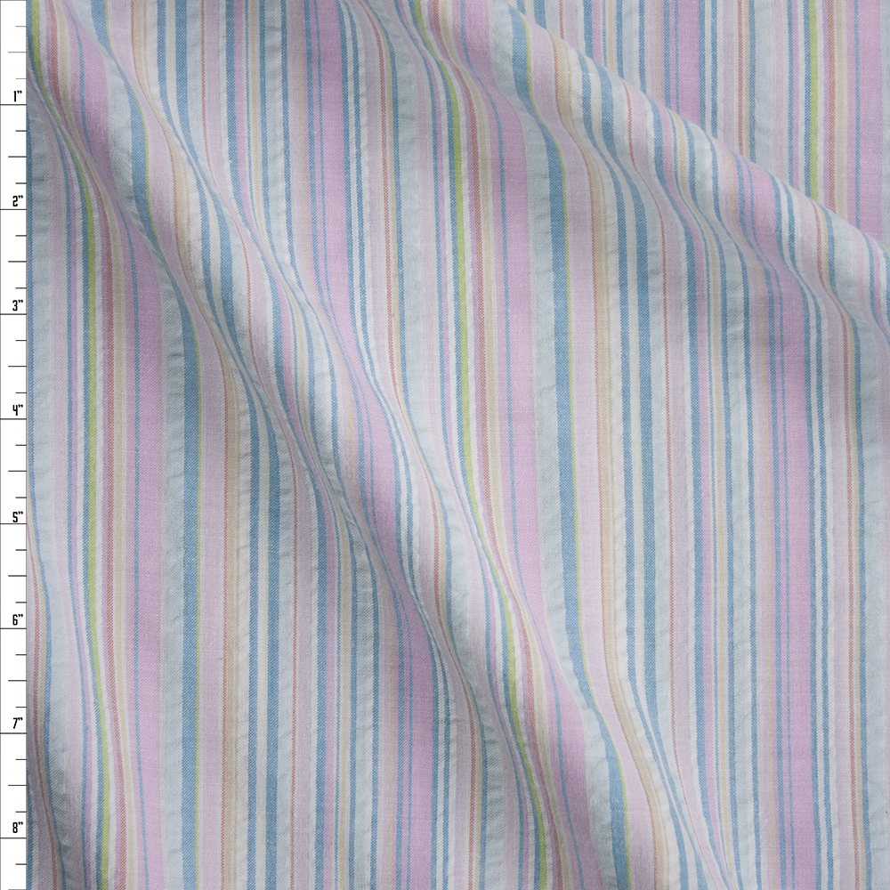 Baby Pink, Aqua, and Yellow Barcode Stripe Seersucker Fabric By The Yard