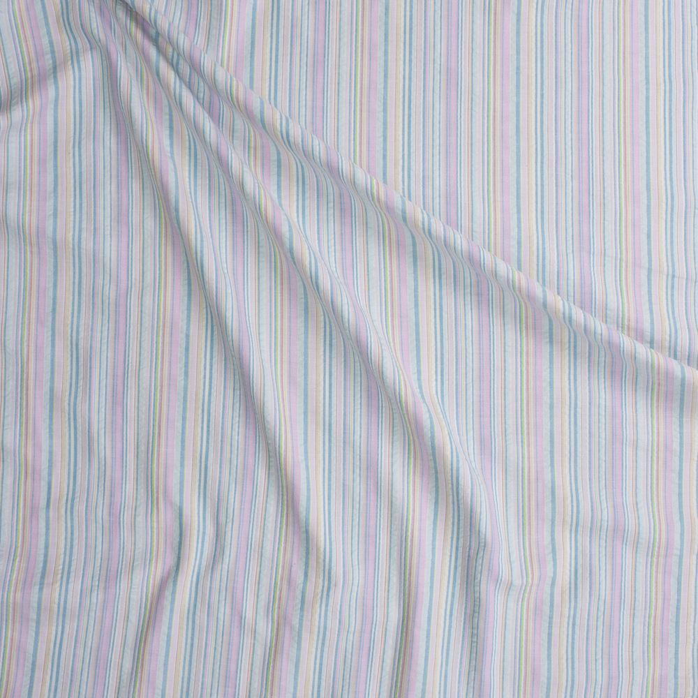 Baby Pink, Aqua, and Yellow Barcode Stripe Seersucker Fabric By The Yard - Wide shot