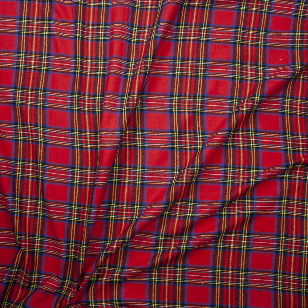 Red, Yellow, Black, and Blue Plaid Flannel Fabric By The Yard - Wide shot