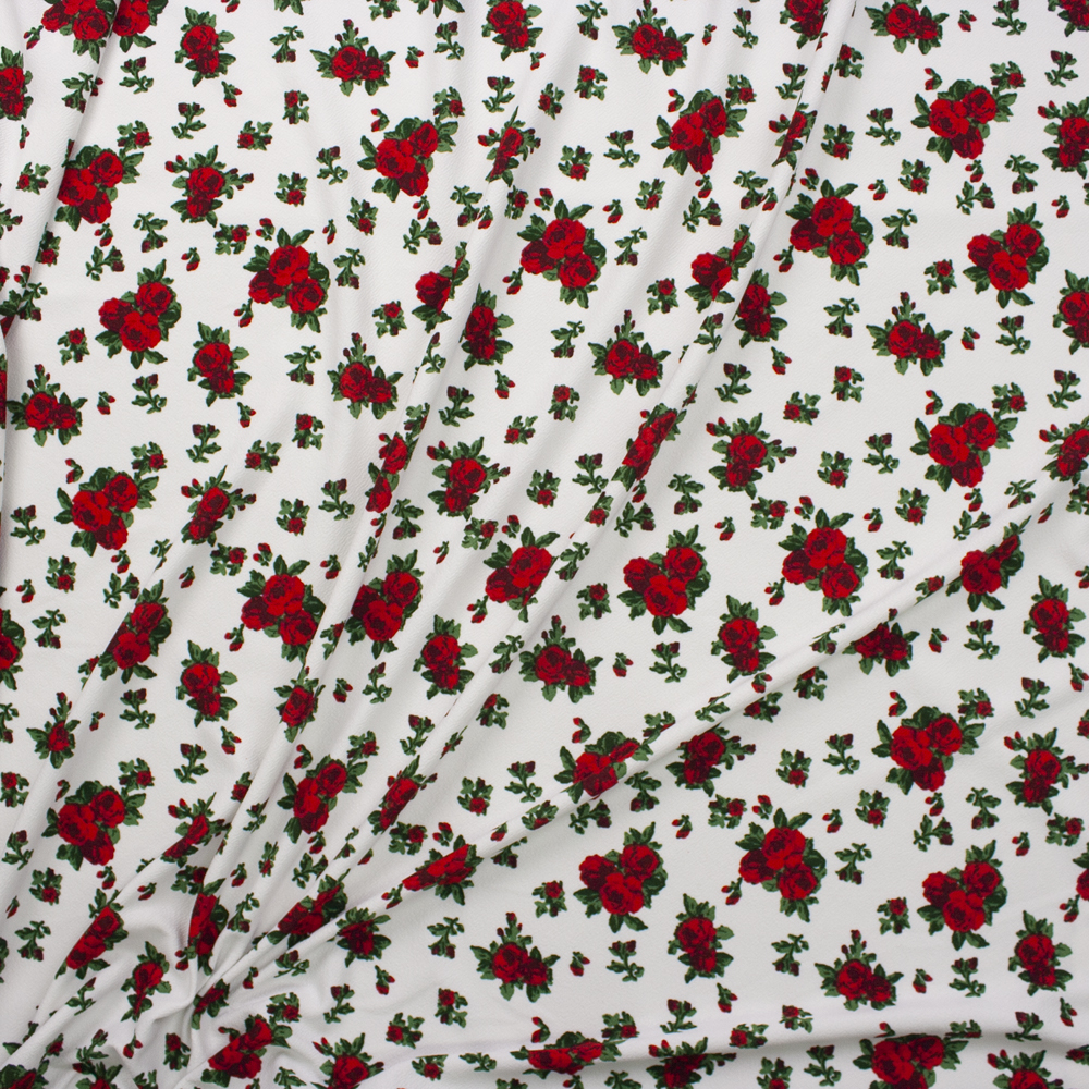 Red and Green Rose Floral on Offwhite Fabric By The Yard - Wide shot