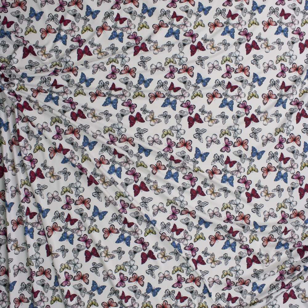Butterflies on Warm White Double Brushed Poly/Spandex Knit Fabric By The Yard - Wide shot