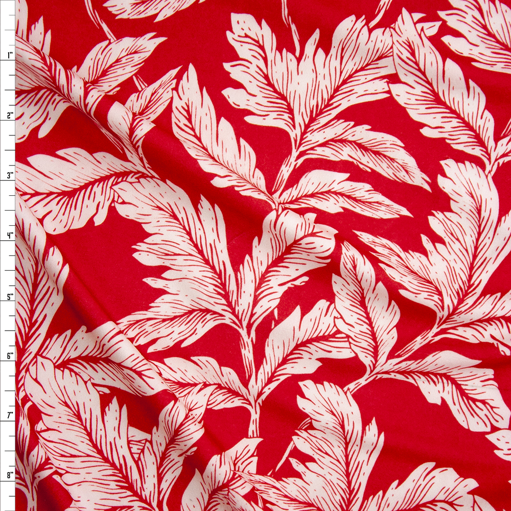 White Leafy Branches on Bright Red Double Brushed Poly/Spandex Knit Fabric By The Yard
