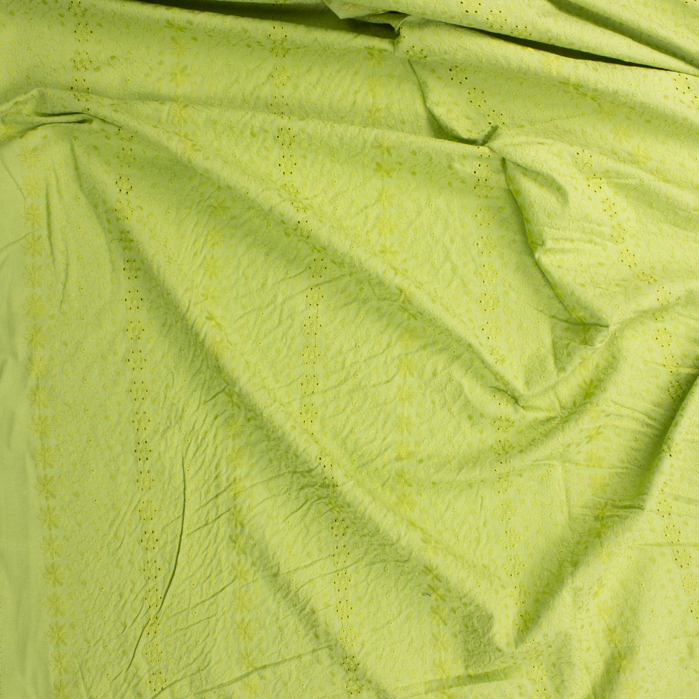 Lime Green Vertical Embroidered Cotton Eyelet Fabric By The Yard - Wide shot