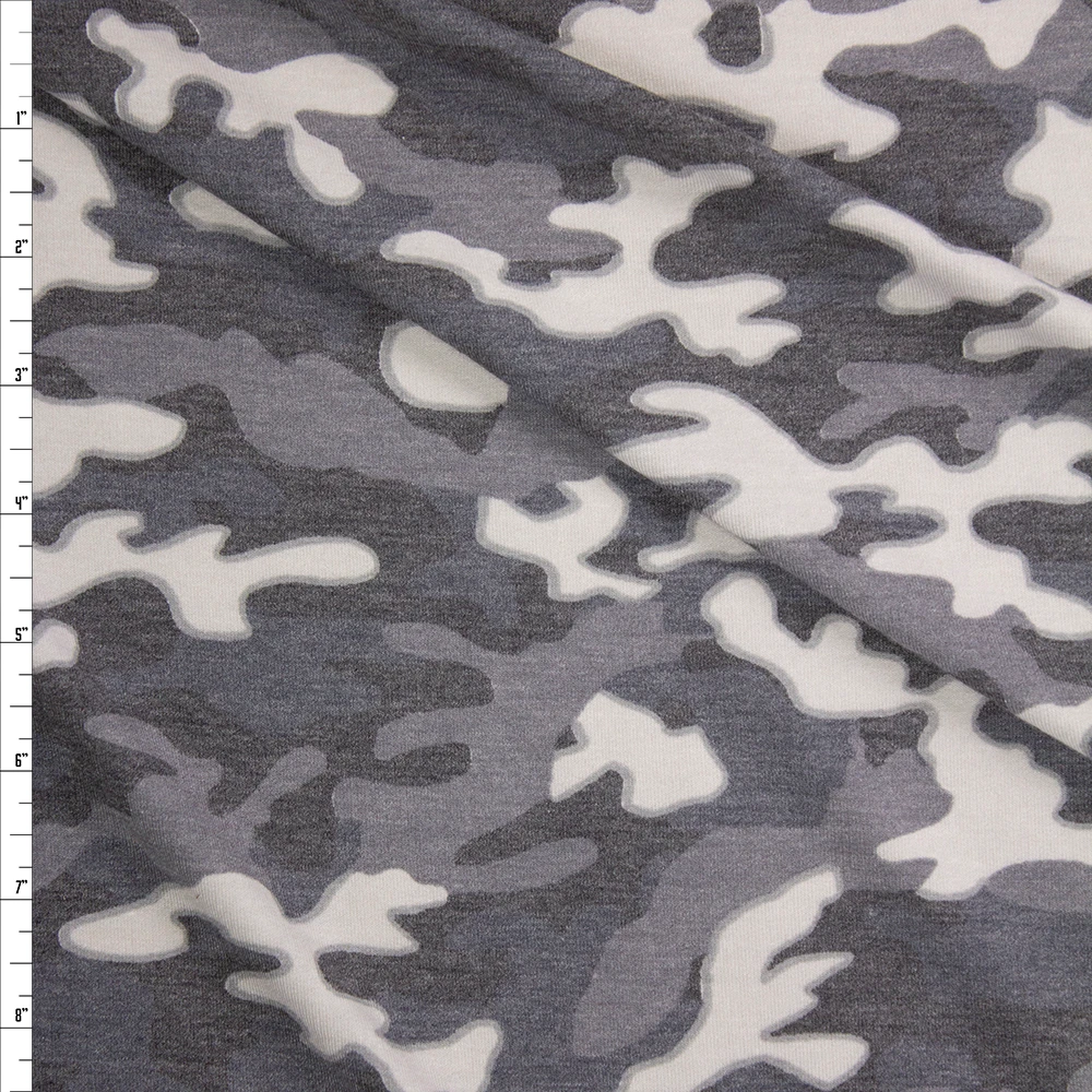 Light Grey Camouflage Stretch Rayon French Terry Fabric By The Yard
