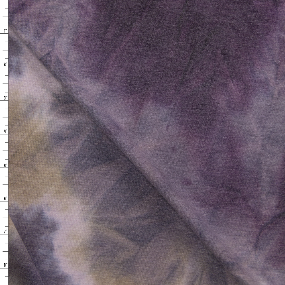 Plum, Tan, and Grey Tie Dye Rayon French Terry Fabric By The Yard