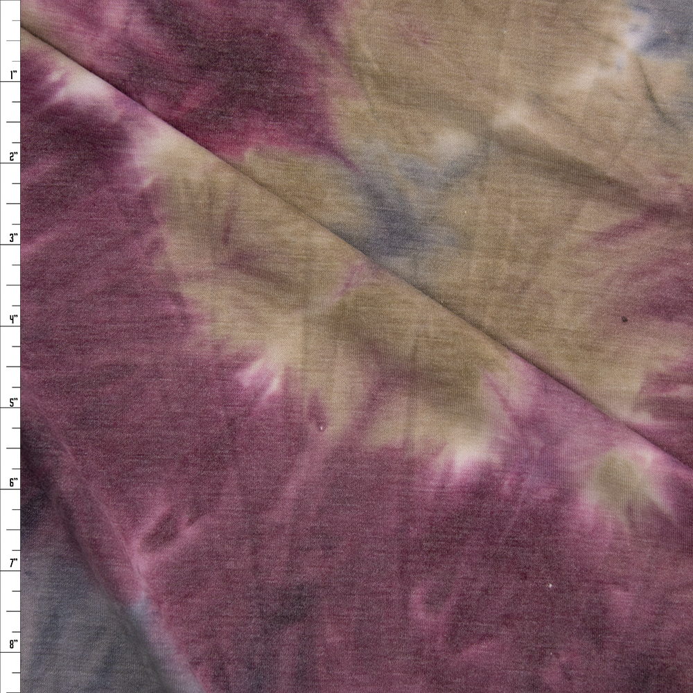 Wine, Tan, and Grey Te Dye Rayon French Terry Fabric By The Yard