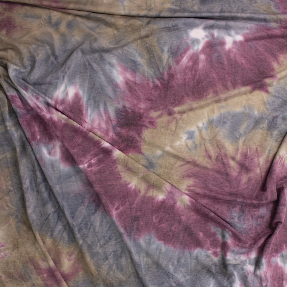 Wine, Tan, and Grey Te Dye Rayon French Terry Fabric By The Yard - Wide shot