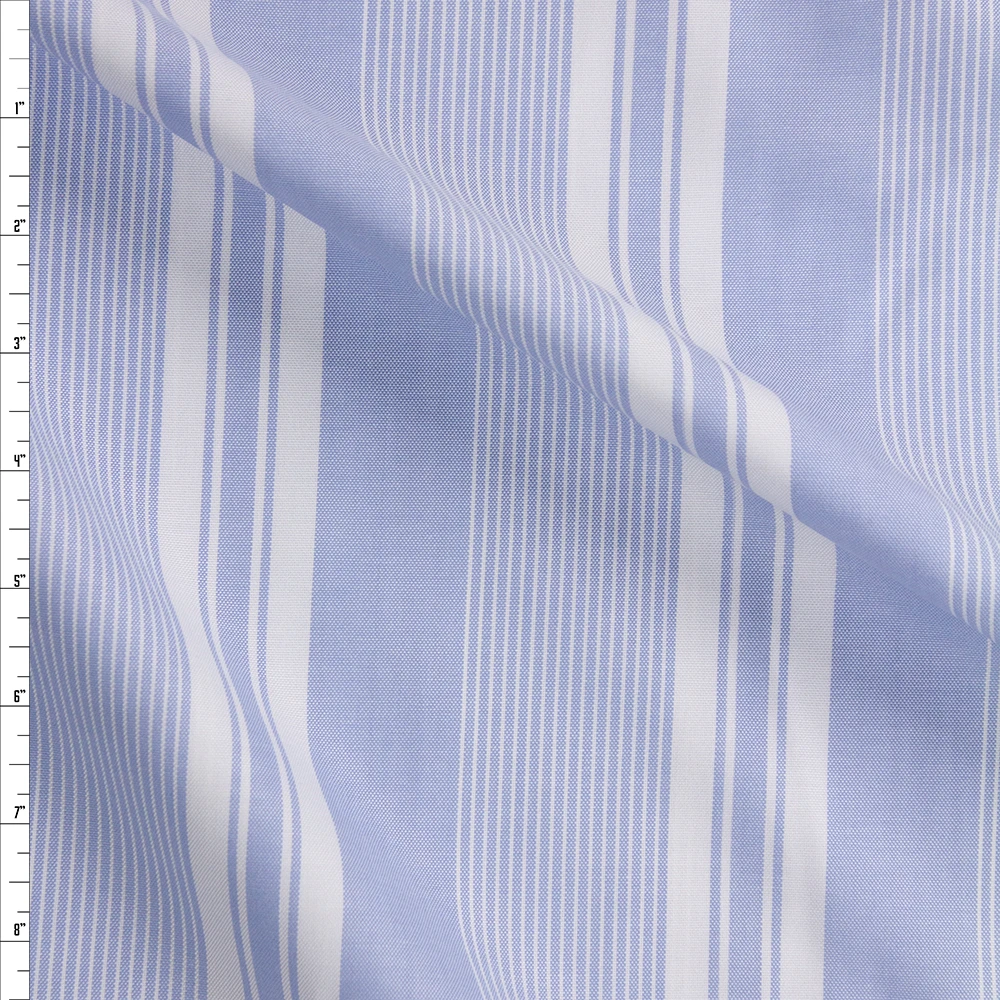 White and Light Blue Vertical Stripe Cotton Oxford Shirting Fabric By The Yard