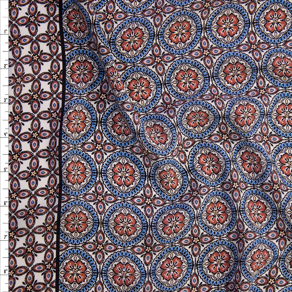Cali Fabrics Brick, Blue, and Ivory Medallion Floral Border Print Crepe ...