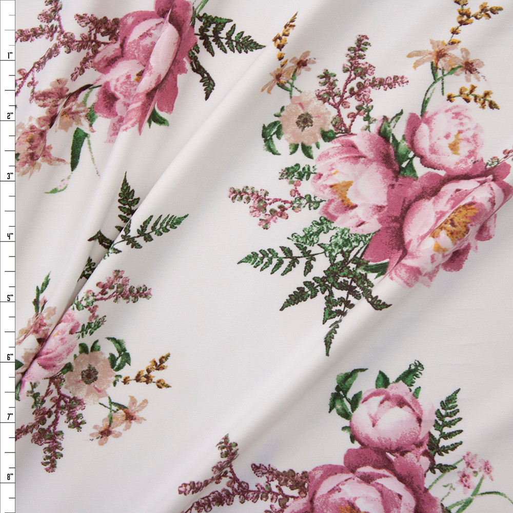 Cali Fabrics Pink, Green, and Mustard Wild Blooms on Offwhite Double ...