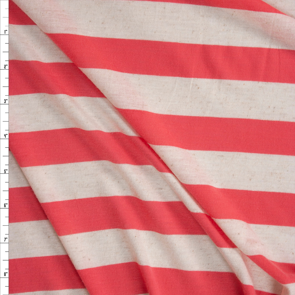 Cali Fabrics Coral and Natural Horizontal Stripe Fabric by the Yard