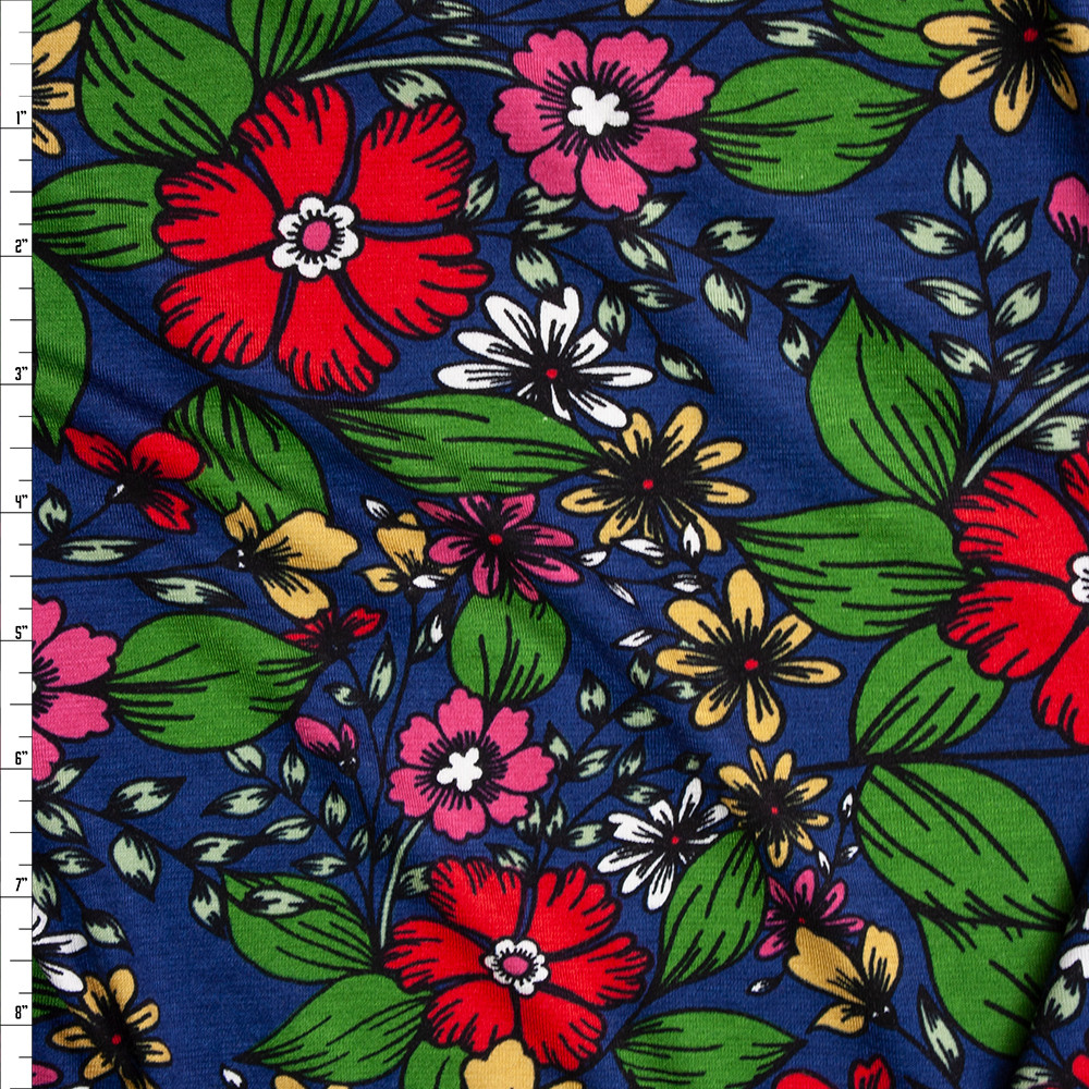 Cali Fabrics Red, Green, and Yellow Floral on Navy Stretch Rayon Jersey ...