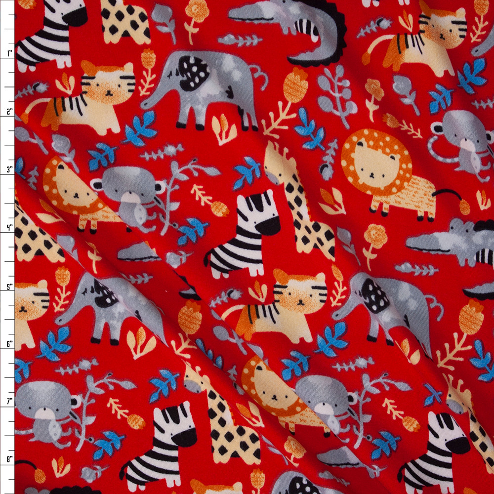 Zoo Animals on Red Double Brushed Poly/Spandex