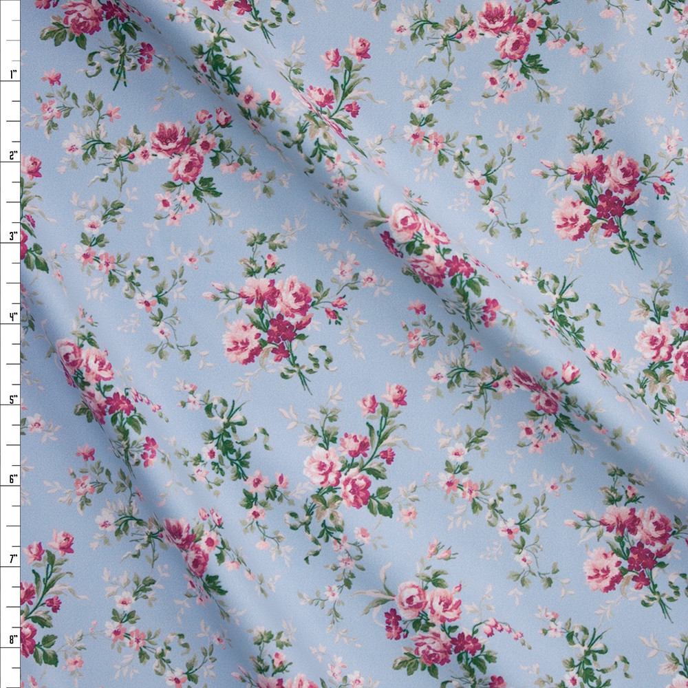 Cali Fabrics Pink and Sage Traditional Floral on Light Blue Designer ...