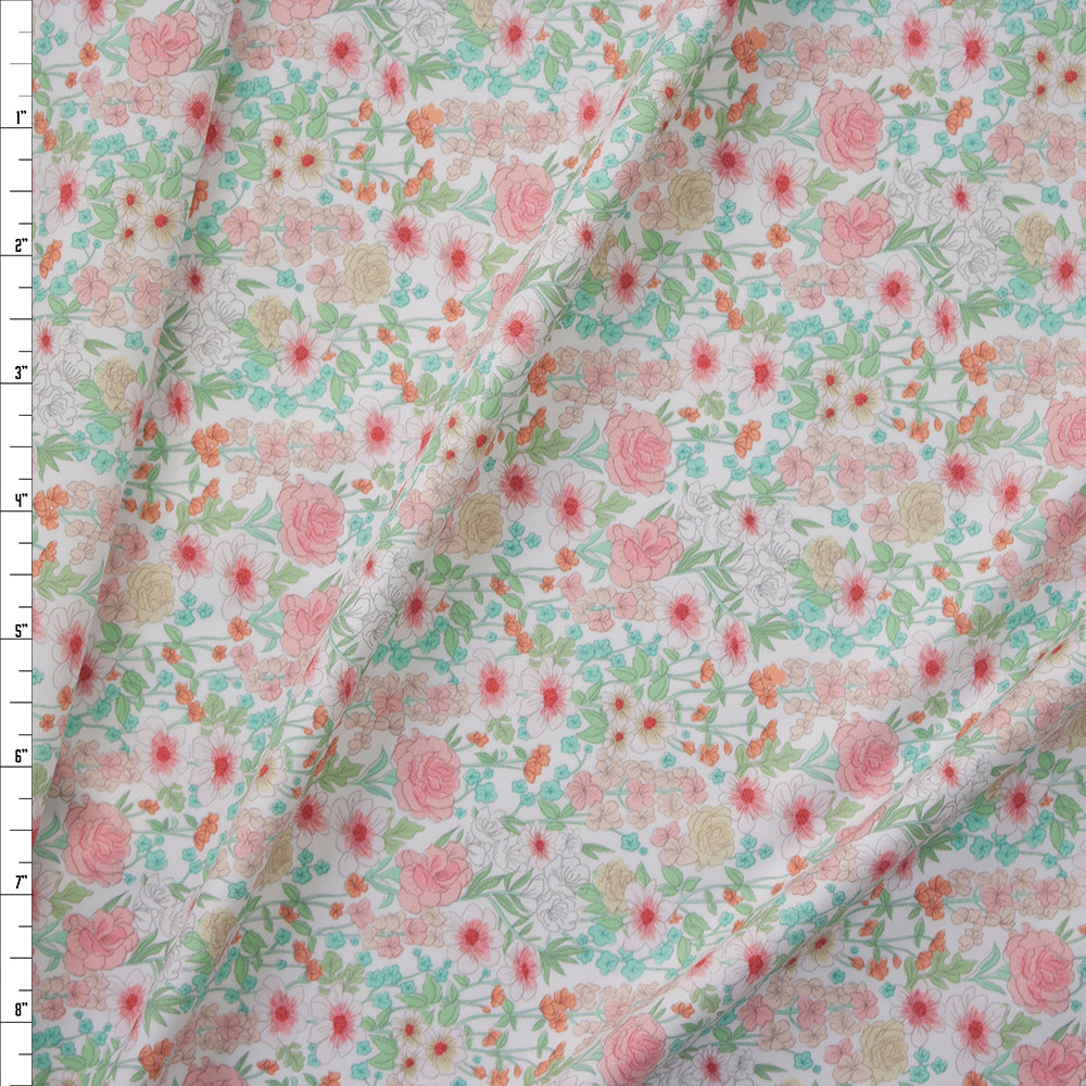 Cali Fabrics Red, Pink, and Aqua Floral on White Designer Stretch