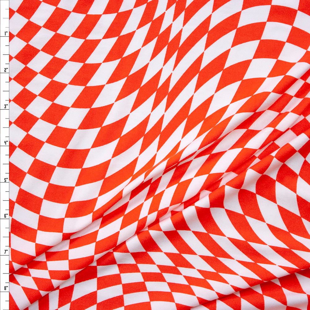 Cali Fabrics Bright Red and White Warped Checkers Double Brushed Poly/Spandex Knit Fabric by the