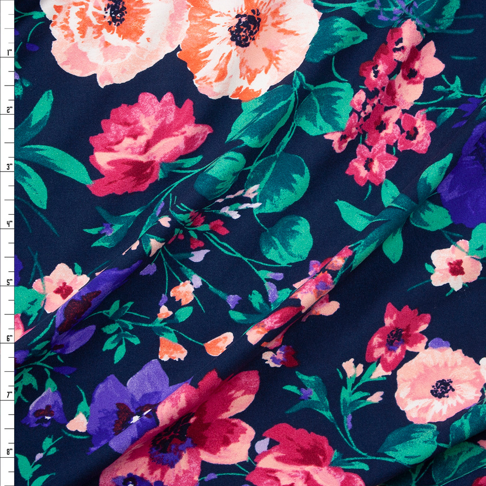 Cali Fabrics Garden Floral on Navy Blue Double Brushed Poly/Spandex