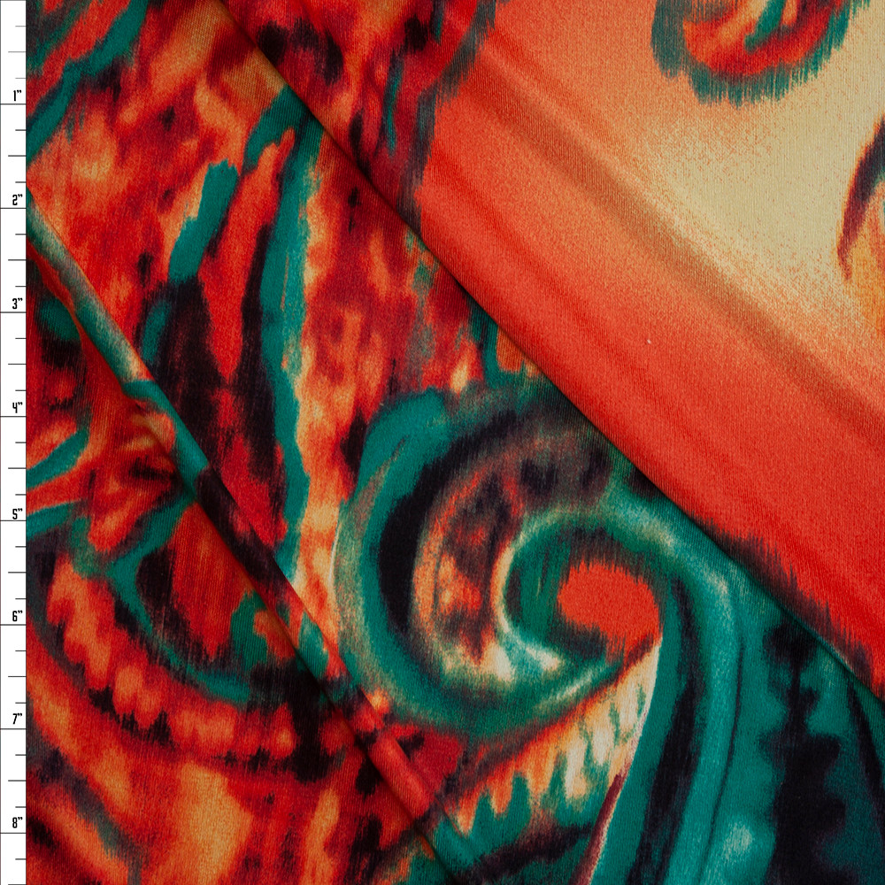 Cali Fabrics Teal and Orange Gradient Paisley Print Designer Silk