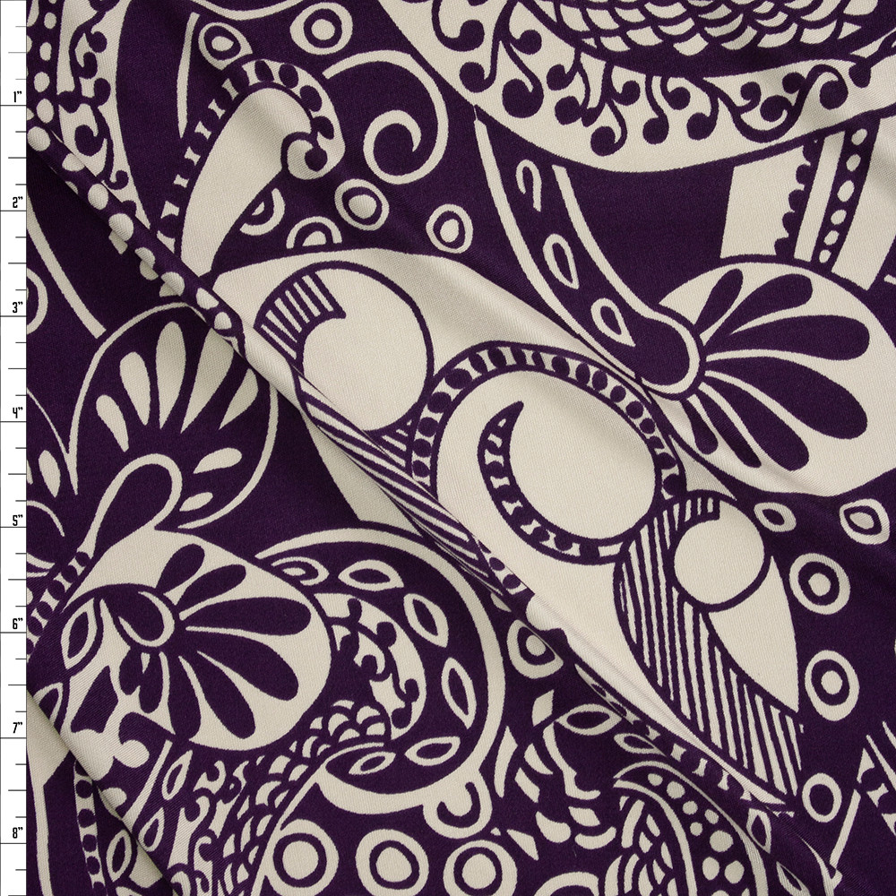 Cali Fabrics Plum and Offwhite Swirling Floral Designer Silk Jersey