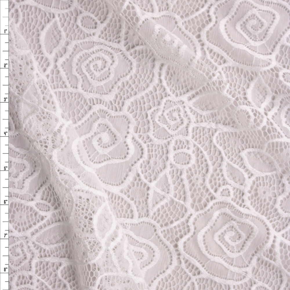 Cali Fabrics White Rose Floral Stretch Lace Fabric by the Yard