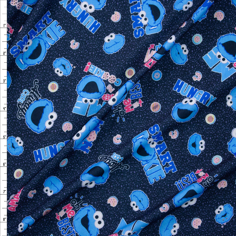 Cali Fabrics Cookie Monster on Black Lightweight Jersey Knit Fabric by ...